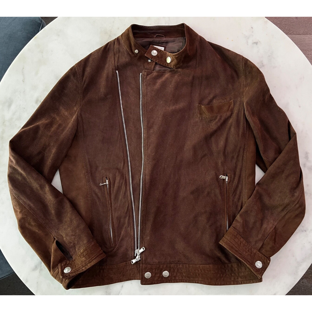 $8900 Brunello Cucinelli Suede Brown Biker Jacket Men Size Large